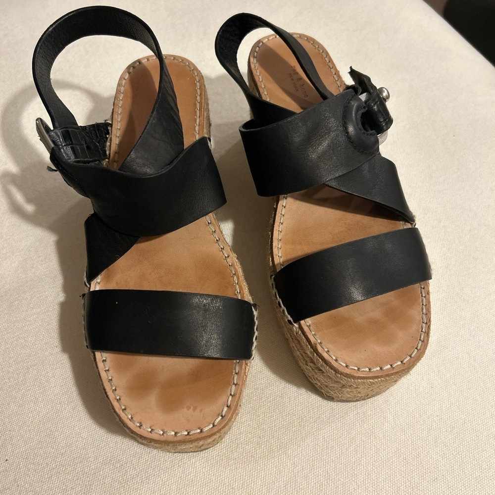 rag & bone August 38 1/2 Black Leather Espadrille Wedge Platform Sandal Bohemian